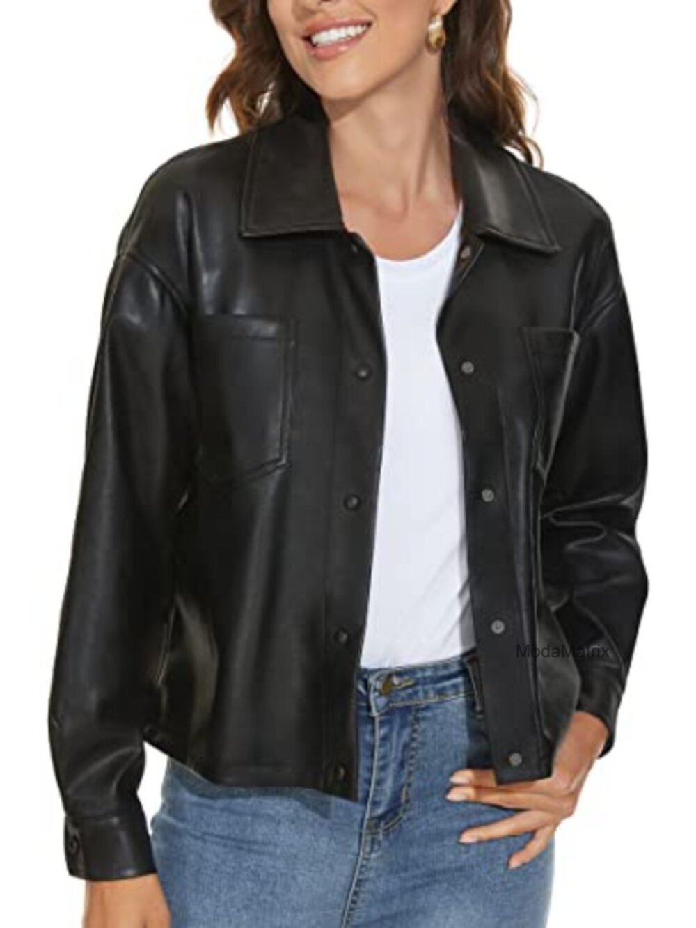 Faux Leather Shacket Moto Biker Jacket Loose Fit Button Utility Pocket